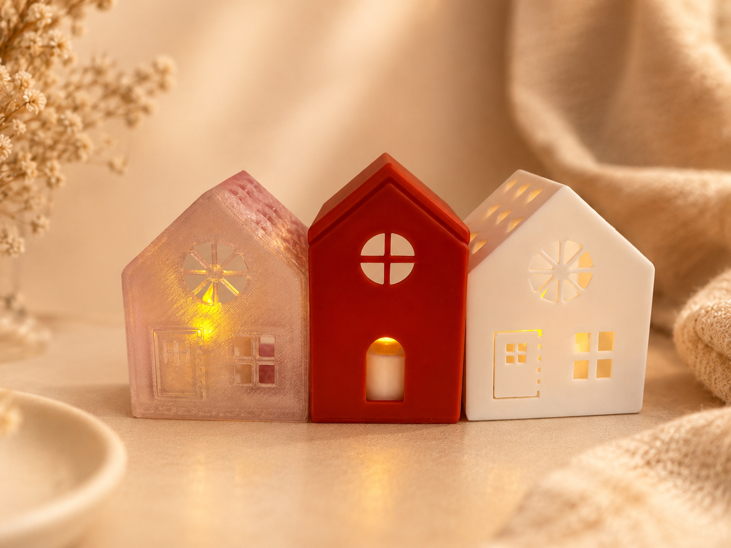 🏠✨ Tealight House Set – 3-piece Luminous Village incl. LED lights
