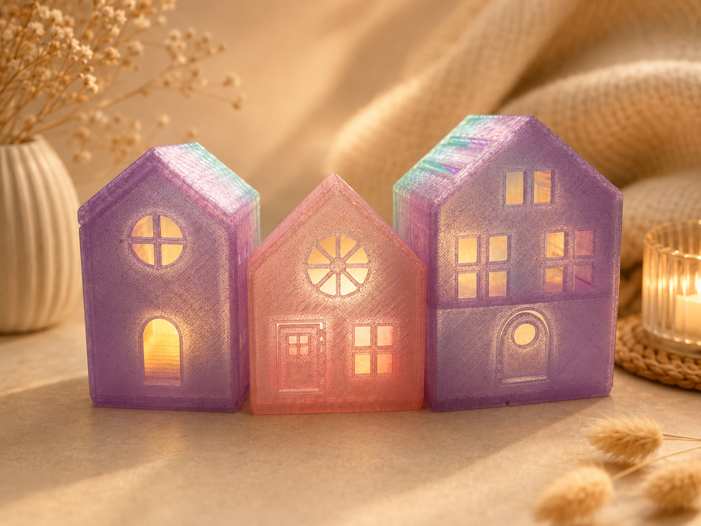 🏠✨ Tealight House Set – 3-piece Luminous Village incl. LED lights